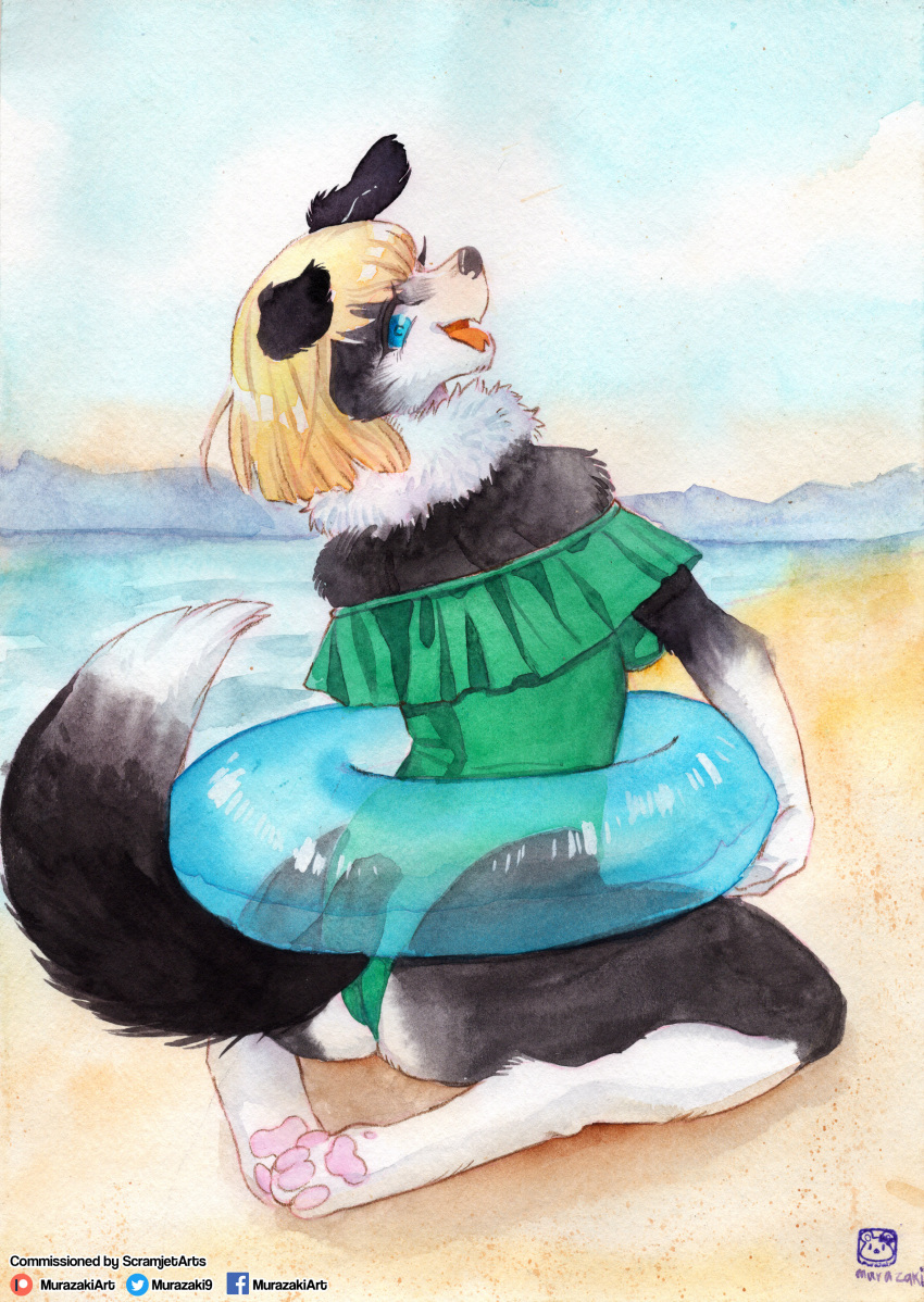 2021 absurd_res anthro beach biped blonde_hair canid canine clothing fangs female fluffy fluffy_tail hair hi_res looking_at_viewer looking_back mammal murazaki one-piece_swimsuit open_mouth painting_(artwork) pawpads paws pool_toy seaside sitting smile solo swimwear traditional_media_(artwork) watercolor_(artwork)