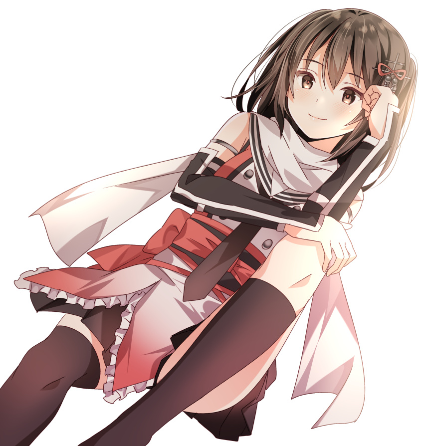 1girl absurdres bangs bare_shoulders black_legwear black_neckwear black_skirt blush brown_eyes brown_hair commentary detached_sleeves dutch_angle elbow_on_knee gradient_skirt hair_between_eyes hair_ornament hair_strand highres kantai_collection knee_up kneehighs kukimaru light_smile looking_ahead necktie ninja orange_shirt orange_skirt scarf school_uniform sendai_(kancolle) serafuku shirt short_hair sitting skirt sleeveless solo transparent_background two_side_up white_scarf