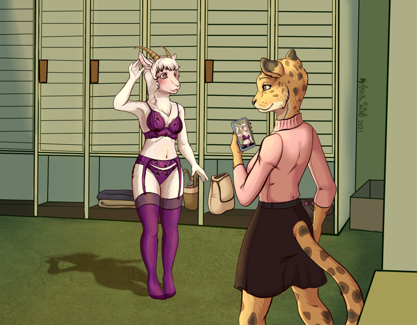 2021 5_fingers amber_wind angora_goat anthro beastars blouse blush bottomwear bovid bra breasts caprine cellphone cheetah cleavage clothed clothing digital_media_(artwork) domestic_goat dressing_room_(disambiguation) duo els_(beastars) embarrassed eye_contact felid feline female fingers fur garter_belt garter_straps goat hi_res holding_cellphone holding_object holding_phone holding_smartphone humanoid_hands legwear looking_at_another mammal navel panties phone shiira_(beastars) shy signature skirt smartphone smile spots spotted_body spotted_fur standing stockings topwear underwear white_body white_fur white_wool wool_(fur) yellow_body yellow_fur