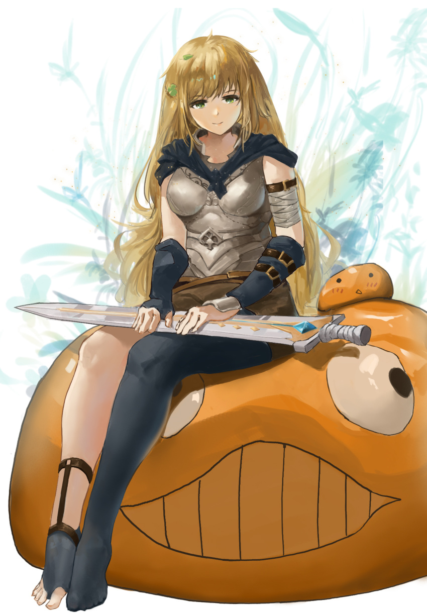 1girl armor bandages bangs blade blonde_hair blunt_bangs capelet frs future_knight green_eyes guardian_tales highres long_hair looking_at_viewer sitting smile thighhighs weapon