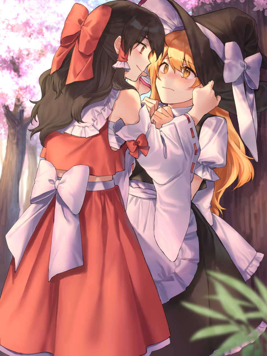 2girls against_tree apron arms_up black_hair black_skirt black_vest blonde_hair blurry blurry_background blurry_foreground blush bow cherry_blossoms cheunes clenched_hands commentary day detached_sleeves eye_contact eyebrows_visible_through_hair hair_between_eyes hair_bow hair_tubes hakurei_reimu hand_on_headwear hat hat_ribbon hat_tug highres kirisame_marisa long_hair looking_at_another multiple_girls nervous outdoors petticoat puffy_short_sleeves puffy_sleeves red_eyes red_skirt red_vest ribbon ribbon-trimmed_sleeves ribbon_trim sarashi shirt short_sleeves sidelocks skirt smile standing touhou tree very_long_hair vest waist_apron white_shirt witch_hat yellow_eyes yuri