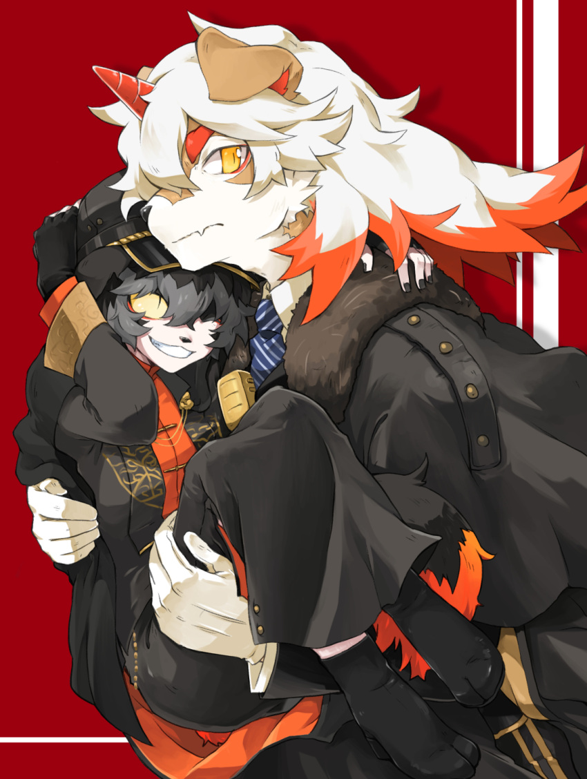 aak_(arknights) anthro arknights black_body black_hair canid canine canis carrying clothed clothing domestic_dog duo felid fur hair hat headgear headwear hi_res horn hung_(arknights) hypergryph male mammal multicolored_body multicolored_fur multicolored_hair necktie orange_body short_hair smile studio_montagne video_games white_body white_fur white_hair yellow_eyes zebra_vz