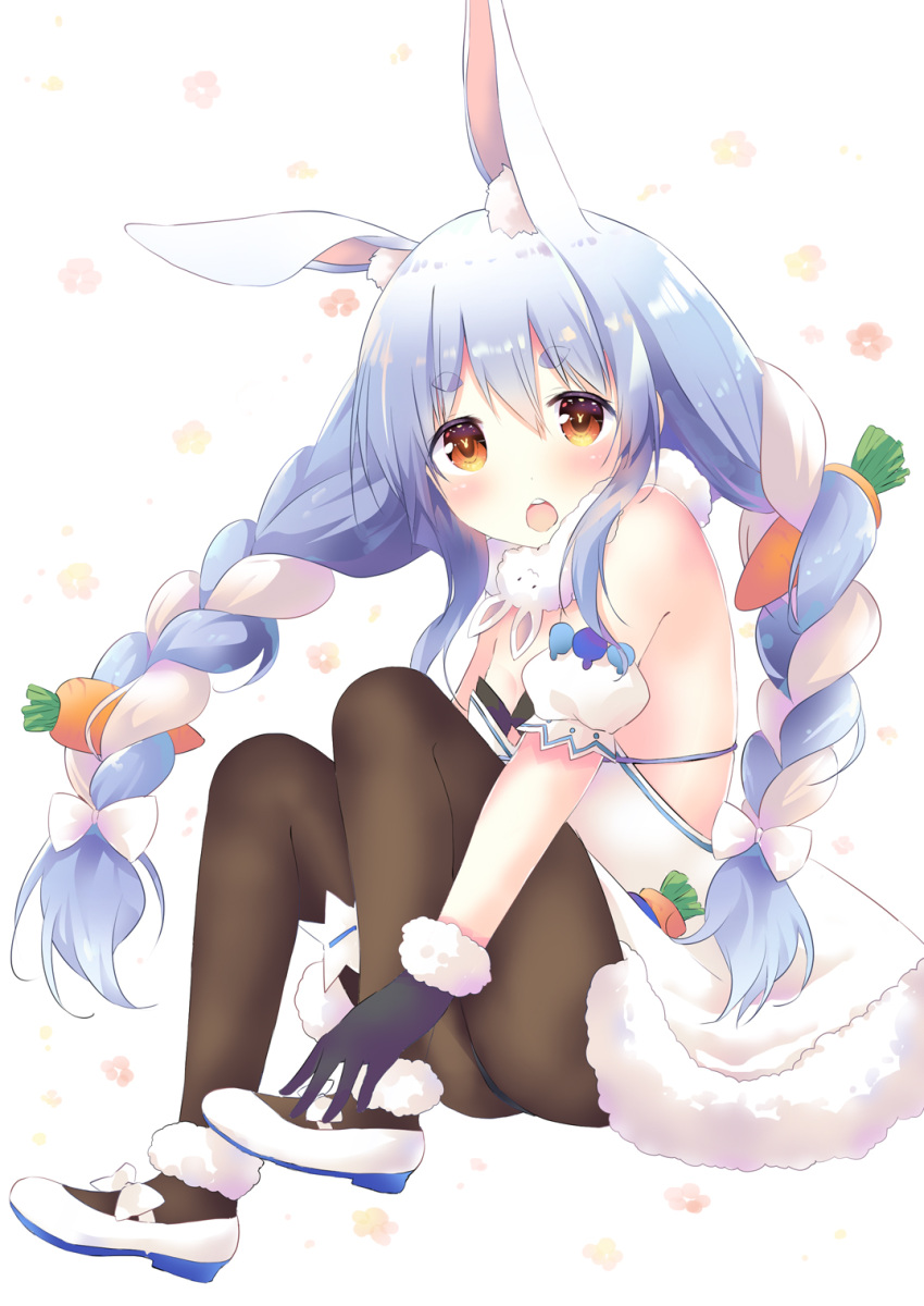 1girl :o animal_ear_fluff animal_ears bangs bare_shoulders black_gloves black_legwear black_leotard blue_hair blush braid breasts bunny-shaped_pupils bunny_ears carrot_hair_ornament clothing_cutout coat detached_sleeves don-chan_(usada_pekora) food_themed_hair_ornament full_body fur-trimmed_coat fur-trimmed_gloves fur_scarf fur_trim garters gloves hair_between_eyes hair_ornament highres hikimayu hololive leotard leotard_under_clothes long_hair mary_janes multicolored_hair open_mouth orange_eyes pantyhose puffy_short_sleeves puffy_sleeves scarf shoes short_eyebrows short_sleeves single_garter sitting small_breasts solo strapless strapless_coat strapless_leotard thick_eyebrows tsukiji twin_braids twintails two-tone_hair underboob_cutout upper_teeth usada_pekora virtual_youtuber white_coat white_footwear white_hair white_scarf white_sleeves