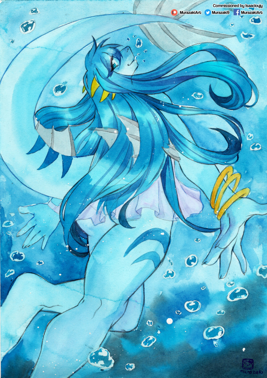 2021 absurd_res anthro bottomwear bracelet bubble butt clothing female fish_tail hair hi_res jewelry long_hair looking_at_viewer looking_back marine murazaki painting_(artwork) rear_view skirt smile solo traditional_media_(artwork) underwater water watercolor_(artwork)