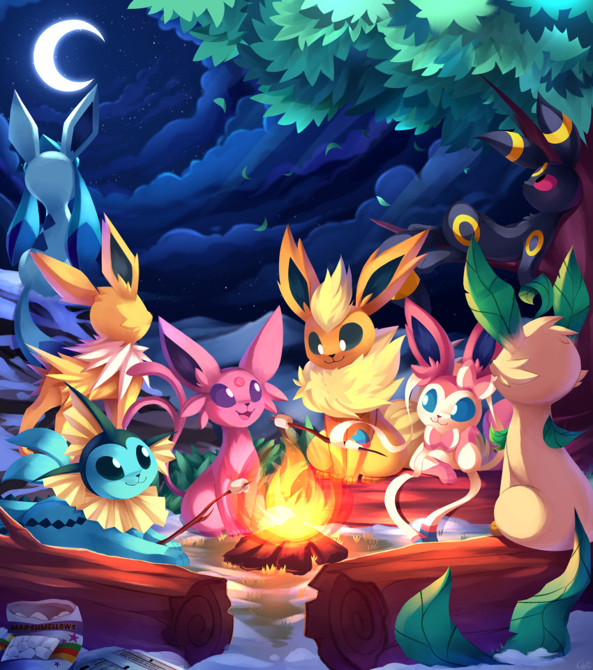 2018 absurd_res ambiguous_gender candy cloud crescent_moon dessert detailed_background eeveelution espeon feral fire flareon food fur glaceon group hi_res jolteon kaleido-art leaf leafeon log marshmallow moon night nintendo open_mouth open_smile plant pok&eacute;mon pok&eacute;mon_(species) sitting sky smile star starry_sky sylveon tree tuft umbreon vaporeon video_games wood