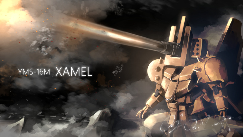 character_name dated firing gundam gundam_0083 leaning_forward mecha missile_pod no_humans one-eyed open_hands science_fiction serike_w signature smoke solo xamel