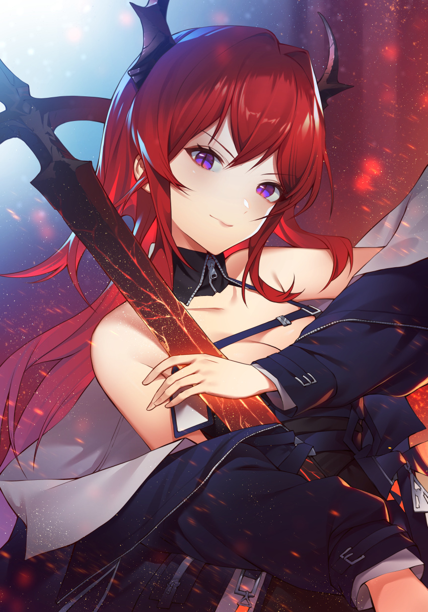 1girl absurdres arknights bangs bare_shoulders black_jacket breasts cleavage collarbone commentary hair_intakes head_tilt highres horns jacket long_hair long_sleeves looking_at_viewer off_shoulder open_clothes open_jacket purple_eyes red_hair shinidei solo surtr_(arknights) upper_body v-shaped_eyebrows