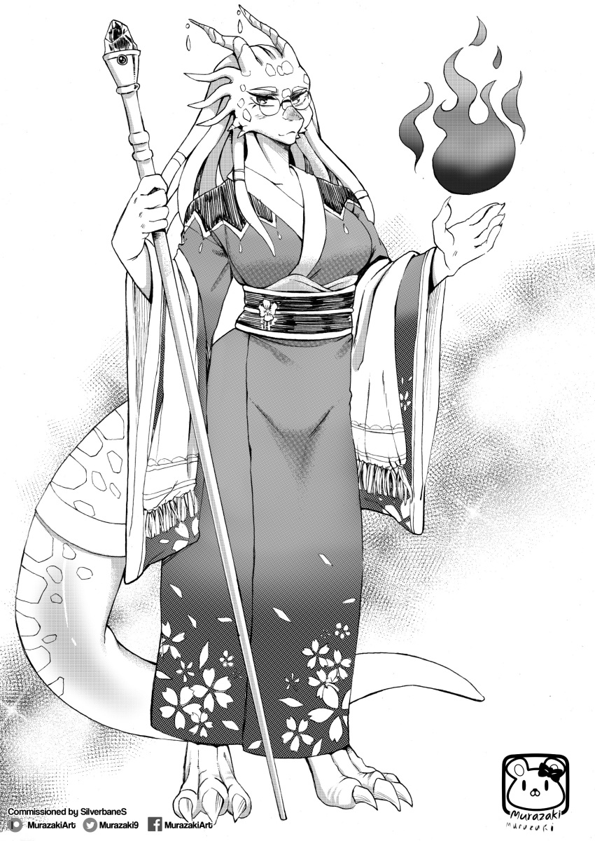 2021 absurd_res anthro asian_clothing biped claws clothed clothing digitigrade dragon east_asian_clothing female fully_clothed greyscale hi_res holding_object japanese_clothing kimono looking_at_viewer magic monochrome murazaki scalie solo staff standing