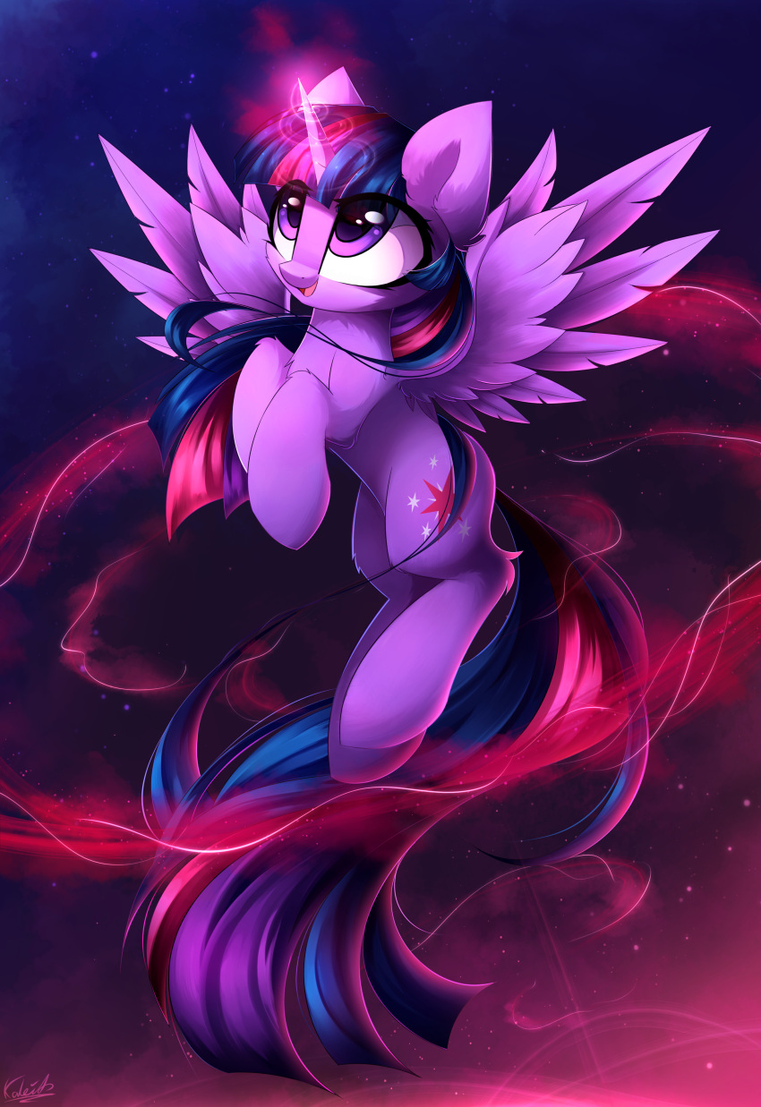 2018 absurd_res cutie_mark equid equine feathered_wings feathers female feral flying friendship_is_magic fur hair hasbro hi_res horn kaleido-art long_hair mammal my_little_pony open_mouth open_smile purple_body purple_eyes purple_fur purple_hair signature smile solo twilight_sparkle_(mlp) winged_unicorn wings