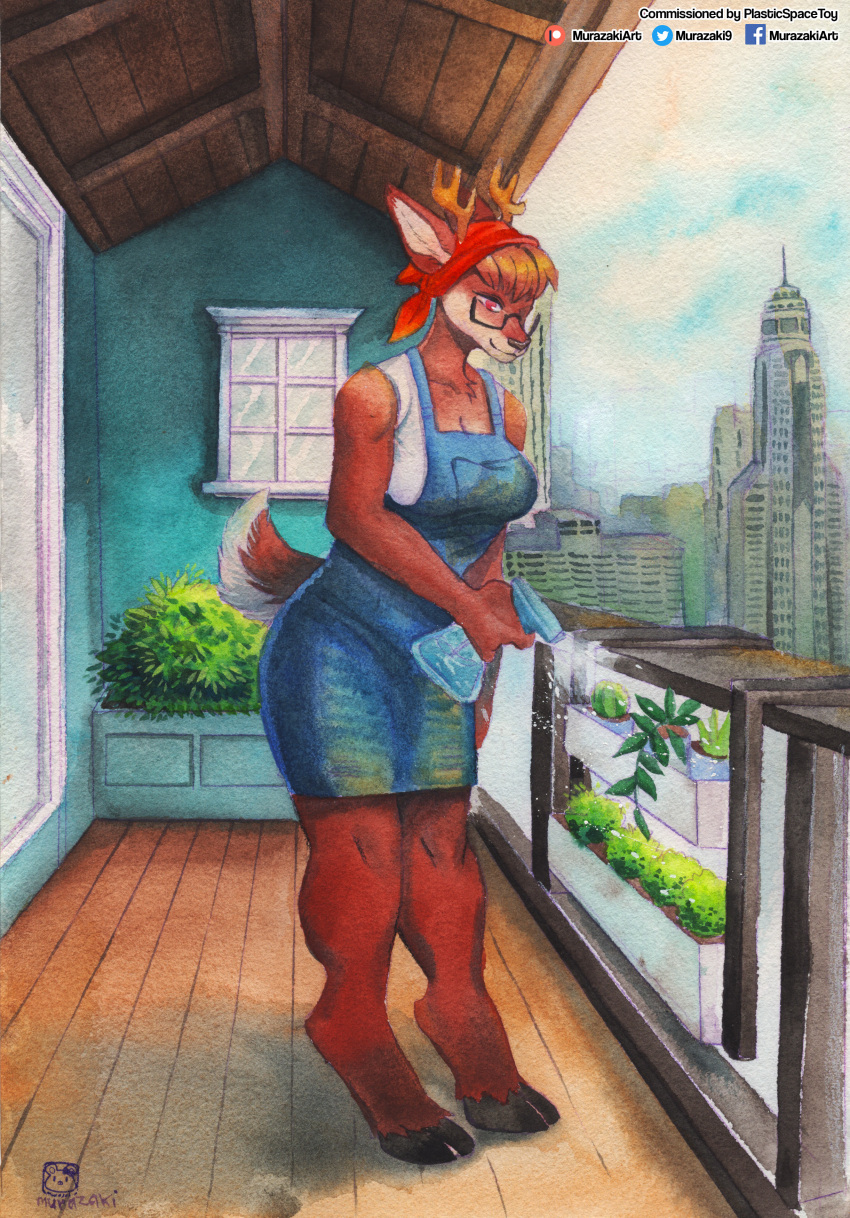 2021 absurd_res anthro antlers bandanna biped breasts cervid cleavage clothed clothing detailed_background digitigrade eyewear female fully_clothed glasses hi_res hooves horn kerchief looking_down mammal murazaki neck_tuft outside overalls painting_(artwork) plant smile solo standing traditional_media_(artwork) tuft watercolor_(artwork) window