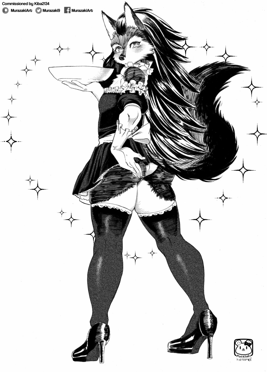 2021 absurd_res anthro biped blush butt canid canine clothing female fur gloves greyscale hair handwear hi_res high_heels holding_object legwear looking_at_viewer looking_back maid_uniform mammal monochrome murazaki raised_tail rear_view simple_background solo sparkles standing thigh_highs uniform white_background