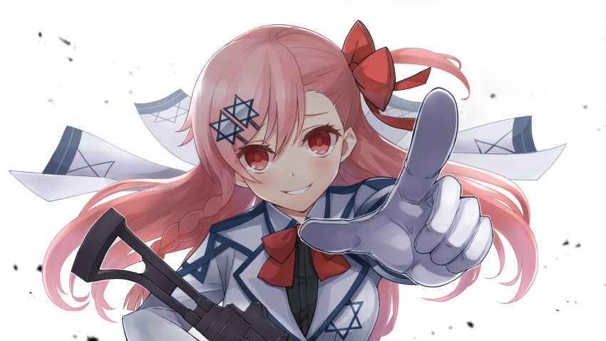 1girl black_shirt bow bowtie braid breasts eyebrows_visible_through_hair girls_frontline gloves gun hair_bow hair_ornament hexagram highres holding holding_weapon imi_negev jacket light_machine_gun long_hair looking_at_viewer machine_gun negev_(girls_frontline) pink_hair red_bow red_eyes red_neckwear shirt smile solo star_of_david weapon white_background white_gloves white_jacket yu_416416