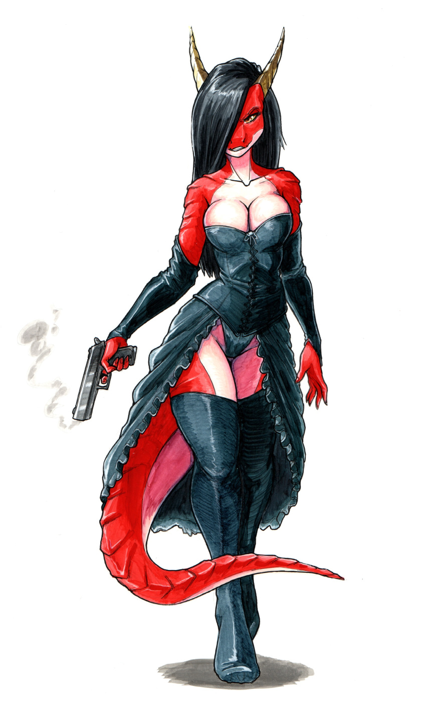 5_fingers absurd_res adena_(ewgengster) anthro black_clothing black_dress black_hair black_lingerie black_panties black_underwear boots breasts clothed clothing countershade_legs countershade_tail countershade_torso countershading desert_eagle dragon dress ewgengster_(artist) female femme_fatale fingers footwear gun hair handgun hi_res horn legwear lingerie looking_at_viewer non-mammal_breasts orange_eyes panties pistol ranged_weapon red_body red_scales reptile scales scalie simple_background sleeveless_dress sleeves smoking_gun solo strapless_clothing strapless_dress tan_countershading thigh_boots thigh_highs traditional_media_(artwork) underwear walking weapon western_dragon white_background wingless_dragon