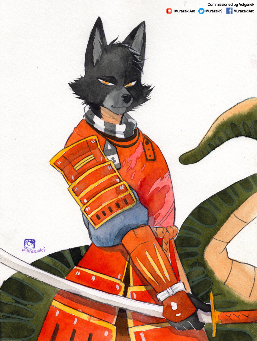 2021 absurd_res canid canine cheek_tuft clothed clothing facial_tuft fully_clothed head_tuft hi_res holding_object holding_sword holding_weapon hybrid katana living_tail looking_at_viewer male mammal melee_weapon murazaki narrowed_eyes painting_(artwork) reptile samurai scalie simple_background smile snake snake_tail sword traditional_media_(artwork) tuft warrior watercolor_(artwork) weapon white_background