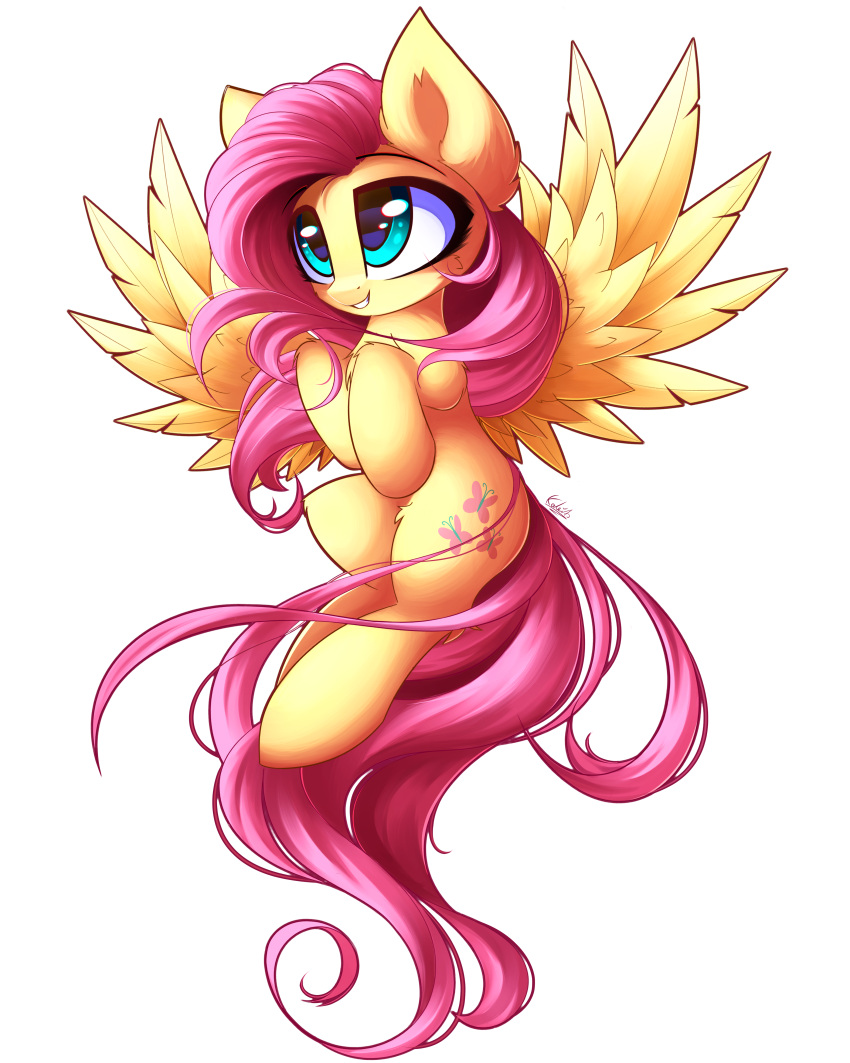 absurd_res cutie_mark equid equine feathered_wings feathers female feral fluttershy_(mlp) flying friendship_is_magic fur green_eyes hair hasbro hi_res kaleido-art long_hair mammal my_little_pony pegasus pink_hair signature smile solo wings yellow_body yellow_fur