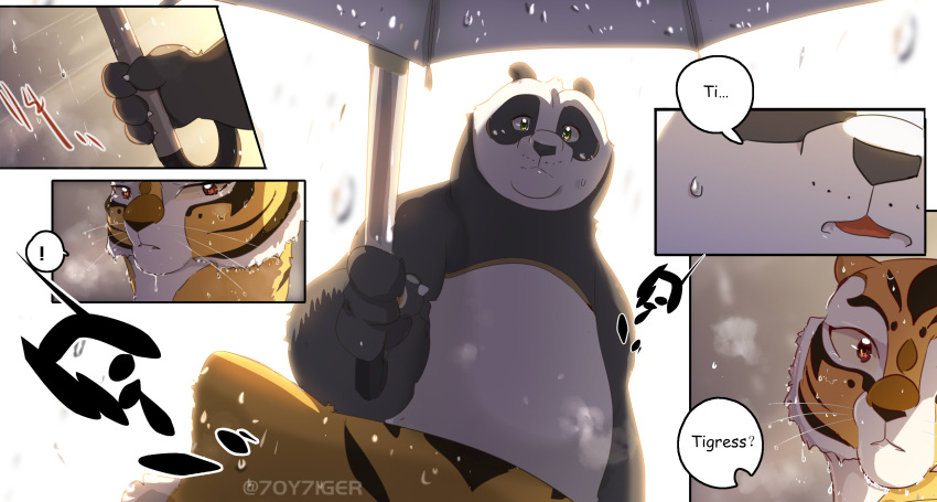 ! 2021 4_fingers 7oy7iger absurd_res anthro bare_chest black_body black_fur black_nose blush chubby_male claws comic dialogue dreamworks duo english_text eye_contact felid female finger_claws fingers fur giant_panda hi_res holding_object holding_umbrella kung_fu_panda looking_at_another male male/female mammal master_po_ping master_tigress multicolored_body multicolored_fur orange_body orange_fur pantherine raining romantic_ambiance romantic_couple signature speech_bubble striped_body striped_fur stripes text tiger two_tone_body two_tone_fur umbrella ursid wet wet_body wet_fur whiskers white_body white_fur