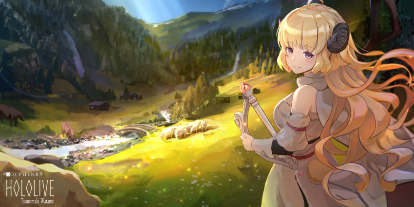 1girl ahoge arm_warmers artist_name blonde_hair blue_sky blurry breasts bridge cabin character_name copyright_name daisy day depth_of_field dress floating_lights flower forest grass harp highres hill hololive horns instrument large_breasts light_rays long_hair looking_at_viewer meadow mountain nature outdoors purple_eyes san_ke_yue_shi sheep sheep_horns shepherd's_crook sky smile solo stream sunbeam sunlight tree tsunomaki_watame twitter_username valley very_long_hair virtual_youtuber water waterfall wavy_hair white_dress