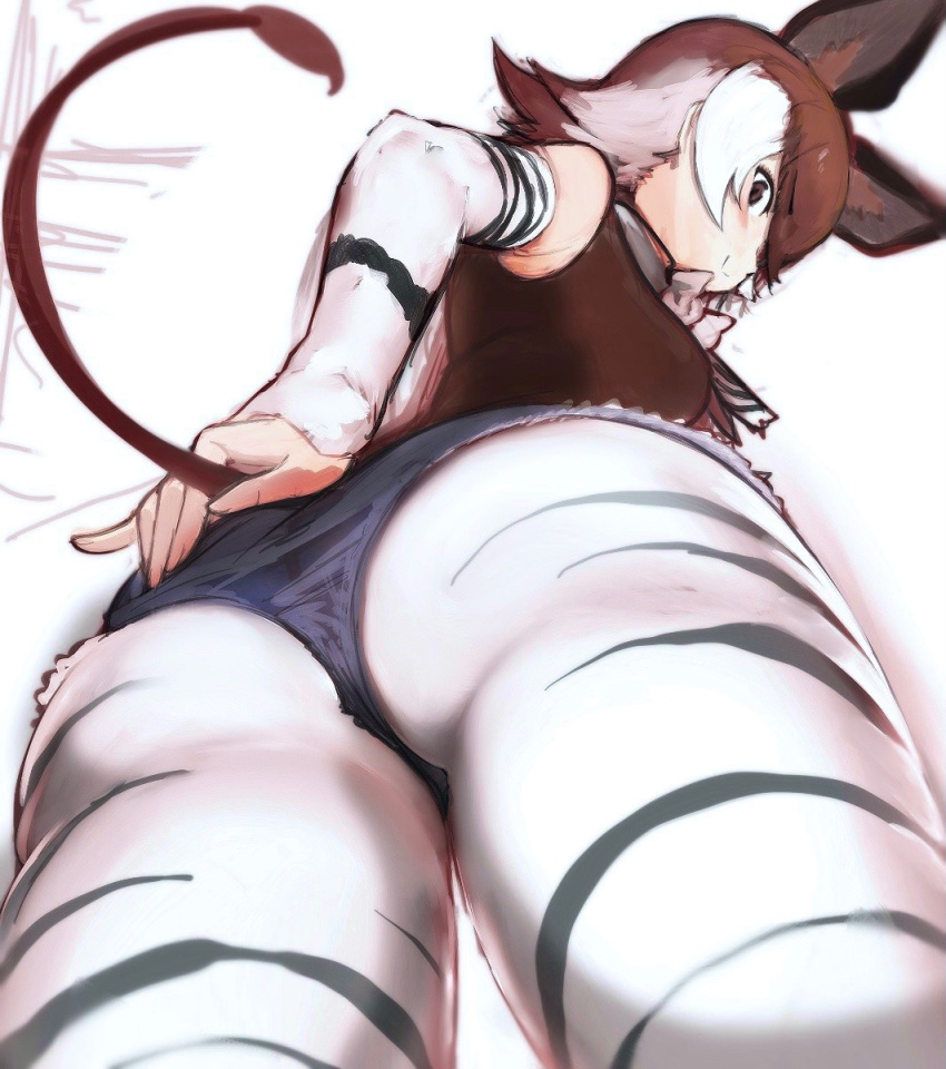 1girl animal_print ass bangs bare_shoulders bow bowtie brown_eyes brown_hair closed_mouth cutoffs detached_sleeves extra_ears eyebrows_visible_through_hair fingernails flat_ass from_behind from_below grey_hair hand_on_ass hand_on_own_ass highres kemono_friends legwear_under_shorts looking_at_viewer looking_back looking_down medium_hair multicolored_hair okapi_(kemono_friends) okapi_ears okapi_tail pantyhose pinky_out print_legwear print_sleeves shibori_kasu shirt short_shorts shorts sketch skindentation sleeveless sleeveless_shirt smile solo tail thighs white_hair
