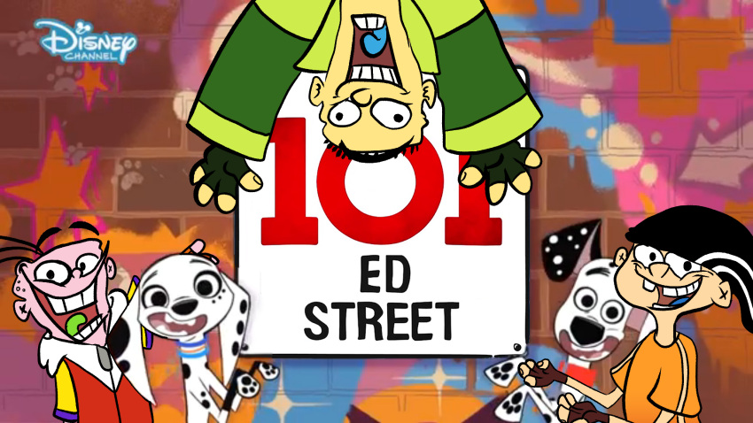 101_dalmatian_street 101_dalmatians 101_ed_street_(fanfiction) canid canine canis cartoon_network clothing collar dalmatian disney dolly_(101_dalmatians) domestic_dog dylan_(101_dalmatians) ed_(eene) ed_edd_n_eddy edd_(eene) eddy_(eene) english_text female fenris64 feral footprint gloves group handwear hat headgear headwear hi_res hoodie human jacket male mammal mural on_ceiling pawprint screencap screencap_background shirt sign smile text topwear upside_down