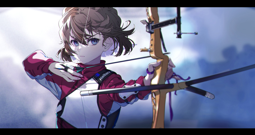 1girl absurdres arrow_(projectile) bangs blue_eyes blurry blurry_background bow_(weapon) brown_hair compound_bow haibara_ai hair_between_eyes highres holding holding_arrow holding_bow_(weapon) holding_weapon kmako1 long_sleeves looking_at_viewer meitantei_conan short_hair solo upper_body weapon