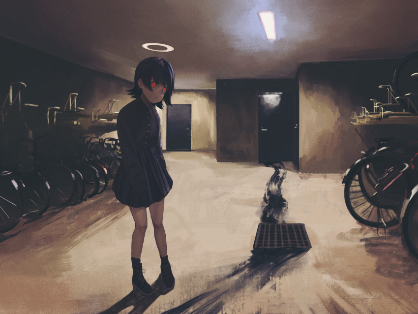 1girl bicycle bicycle_rack black_footwear black_hair black_jacket black_legwear black_skirt boots buttons commentary daruma_karei door drain_(object) empty_eyes english_commentary fluorescent_lamp full_body grease ground_vehicle halo highres horror_(theme) indoors jacket open_clothes open_jacket original pleated_skirt red_eyes scenery shadow short_hair skirt socks