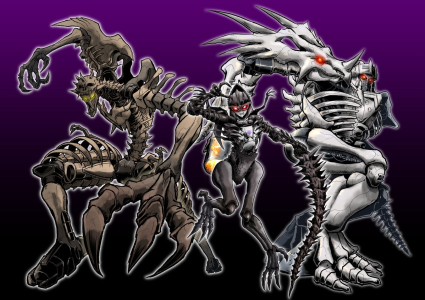 1boy 2girls arm_cannon asymmetrical_arms beast_wars blade bone claws clenched_teeth dinosaur fingernails fossil glowing glowing_eyes goggles highres holding holding_sword holding_weapon horns long_fingers long_toes looking_at_viewer mecha multiple_girls oohara_tetsuya paleotrex pose predacon purple_background rachtonite red_eyes ribs sharp_fingernails sharp_teeth signature skeletal_arm skeletal_hand skeletal_tail skeleton skull skull_mask spikes styracosaurus sword teeth thick_thighs thighs toenails transformers transformers:_war_for_cybertron_trilogy trio tyrannosaurus_rex vertebreak weapon yellow_eyes