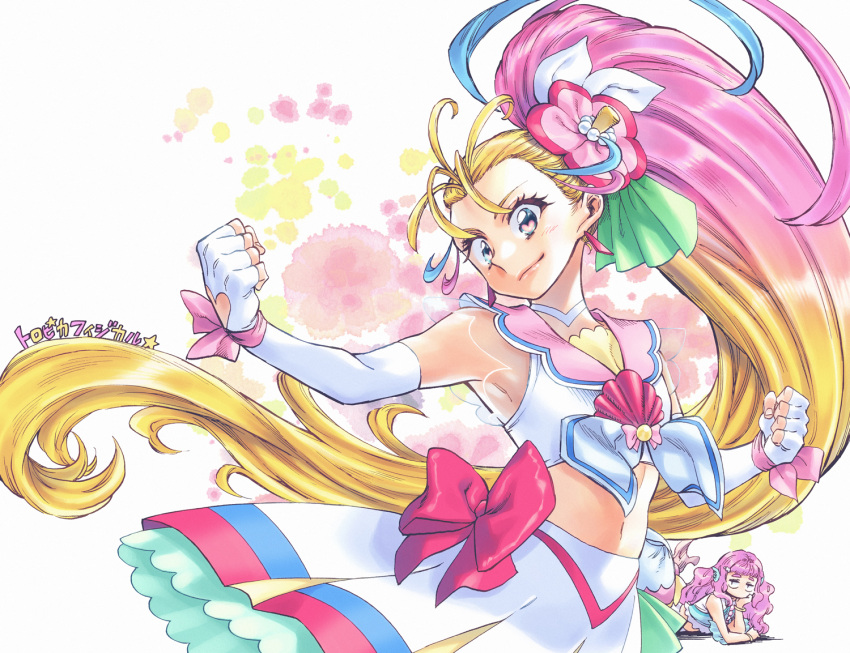 2girls armpits blonde_hair blue_hair clenched_hands closed_mouth commentary copyright_name cowboy_shot cure_summer earrings elbow_gloves fingerless_gloves flower gloves green_eyes hair_flower hair_ornament jewelry laura_(precure) long_hair looking_at_another looking_at_viewer lying magical_girl mermaid midriff monster_girl multicolored_hair multiple_girls natsuumi_manatsu on_stomach pink_hair precure side_ponytail sleeveless smile takanashi_ringo tropical-rouge!_precure very_long_hair wavy_hair white_gloves