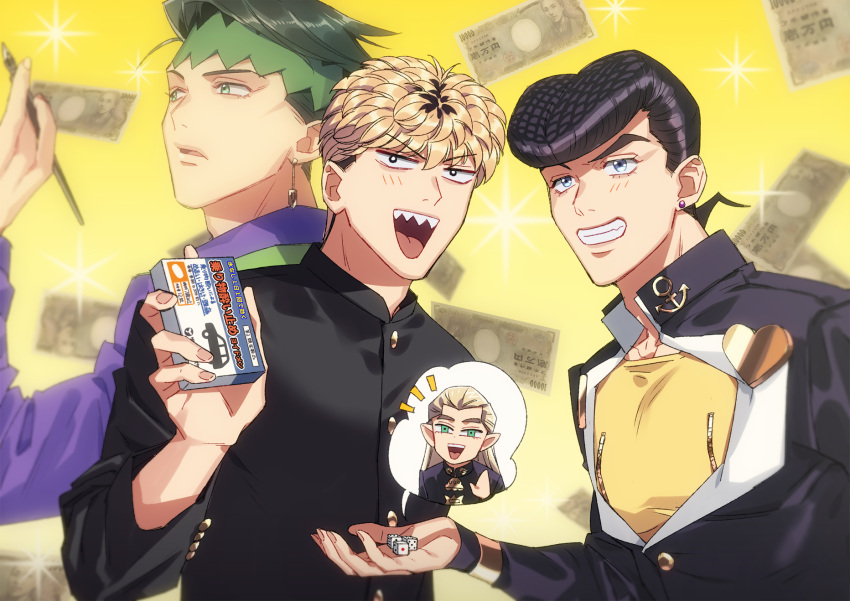 4boys :d anchor_symbol black_hair black_jacket blonde_hair blurry commentary_request crossover depth_of_field diamond_wa_kudakenai dice earrings earth_wind_&amp;_fire_(stand) fingernails gakuran green_hair green_headband grin happy hazekura_mikitaka headband heart higashikata_josuke highres holding holding_dice holding_pen jacket jewelry jojo_no_kimyou_na_bouken k_(gear_labo) kishibe_rohan kyou_kara_ore_wa!! long_hair long_sleeves looking_at_viewer looking_to_the_side male_focus mitsuhashi_takashi money multiple_boys nib_pen_(object) notice_lines open_mouth pen pointy_ears pompadour purple_shirt school_uniform sharp_teeth shirt short_hair sleeves_rolled_up smile sparkle speech_bubble spoken_character stand_(jojo) stud_earrings teeth upper_body yellow_background yellow_shirt yen