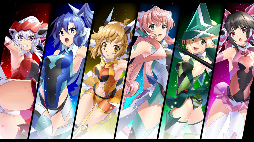 6+girls :d akatsuki_kirika armpits bangs bike_shorts black_hair blonde_hair blue_eyes blue_hair blue_leotard blunt_bangs breasts breasts_apart brown_eyes cleavage eyebrows_visible_through_hair floating_hair green_eyes green_leotard green_panties green_skirt hair_between_eyes headphones high_ponytail highleg highleg_leotard highres holding holding_polearm holding_weapon kazanari_tsubasa leotard long_hair maria_cadenzavna_eve medium_breasts midriff miniskirt multiple_girls navel nyanmaru open_mouth orange_shorts panties pink_hair pink_skirt pleated_skirt polearm purple_eyes red_leotard senki_zesshou_symphogear shiny shiny_hair short_shorts shorts side_ponytail sideboob silver_hair skirt small_breasts smile split_screen stomach striped striped_panties tachibana_hibiki_(symphogear) thighhighs tsukuyomi_shirabe twintails underwear very_long_hair weapon white_legwear yellow_eyes yukine_chris