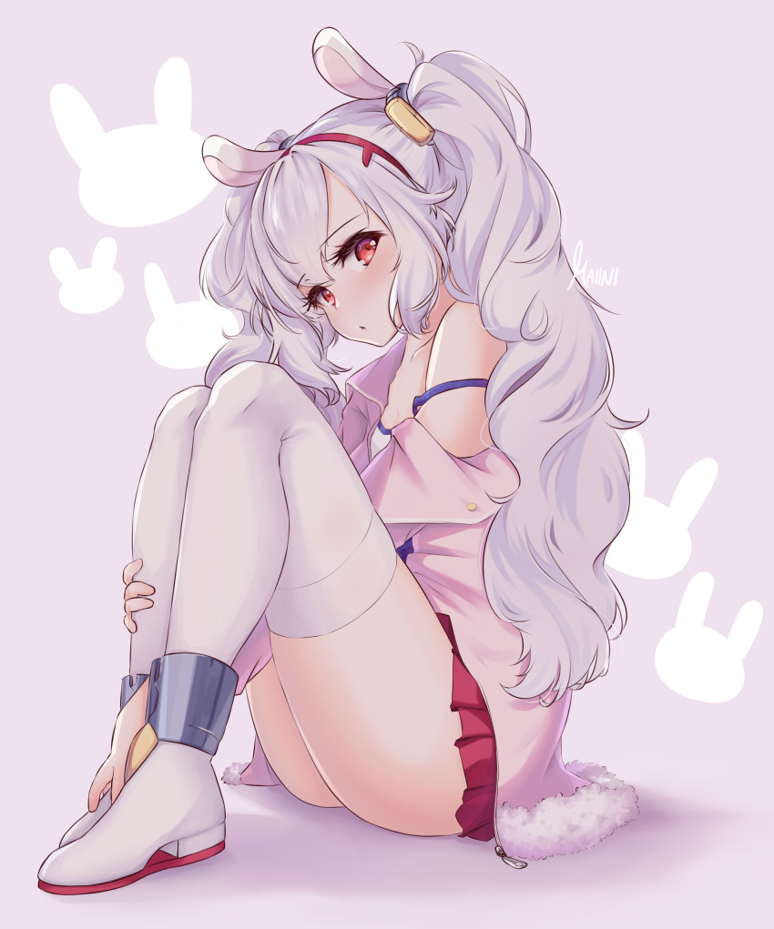 1girl absurdres animal_ears animal_print azur_lane bangs bunny_ears bunny_print collarbone commentary eyebrows_visible_through_hair fake_animal_ears full_body gloves hairband head_tilt highres jacket laffey_(azur_lane) leg_hug legs_together long_hair looking_at_viewer looking_to_the_side maiini parted_lips pleated_skirt red_eyes red_skirt sidelocks silver_background simple_background sitting skirt solo thighhighs twintails white_gloves white_hair zettai_ryouiki