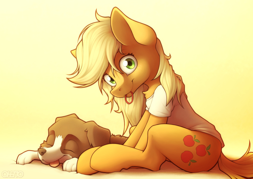 2021 applejack_(mlp) canid canine canis clothing cutie_mark domestic_dog earth_pony equid equine eyes_closed friendship_is_magic fur hasbro hi_res horse looking_at_viewer loose_hair mammal mouth_hold my_little_pony ohemo pony sitting smile tongue tongue_out winona_(mlp)