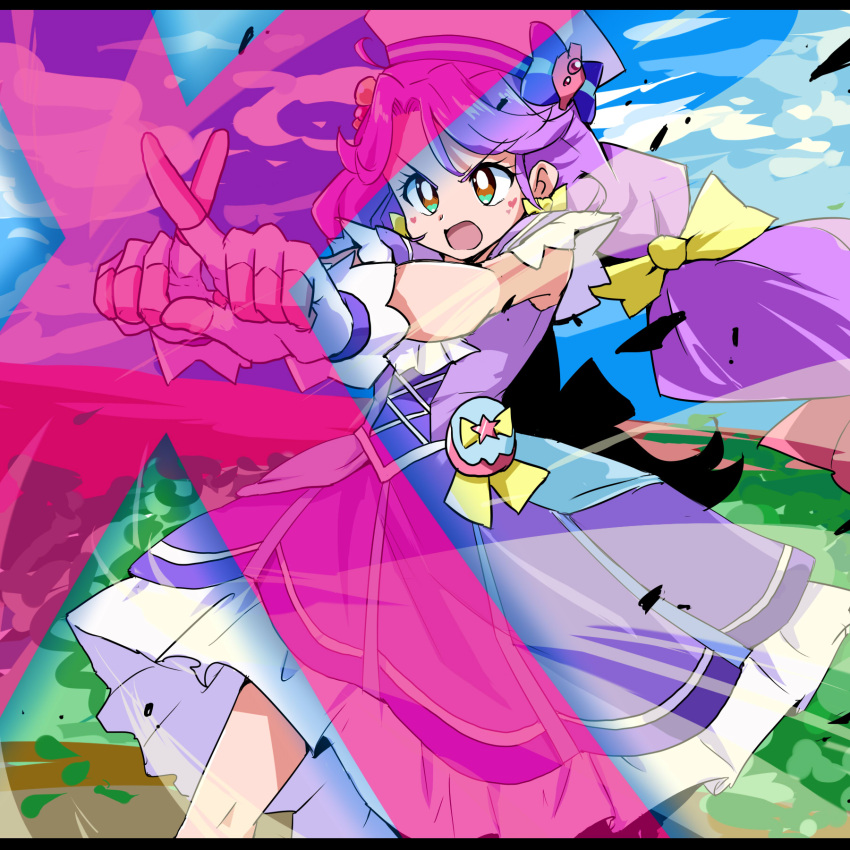 1girl blue_sky bow bow_earrings brown_eyes choker commentary cure_coral day dress earrings fingerless_gloves gloves green_eyes hair_bow hat hat_bow heart heart_facial_mark heart_in_eye highres jewelry long_hair magical_girl multicolored multicolored_eyes multiple_hair_bows open_mouth outdoors precure purple_dress purple_hair sailor_hat sky sleeveless solo symbol_commentary symbol_in_eye tropical-rouge!_precure uraki white_gloves white_headwear x yellow_bow