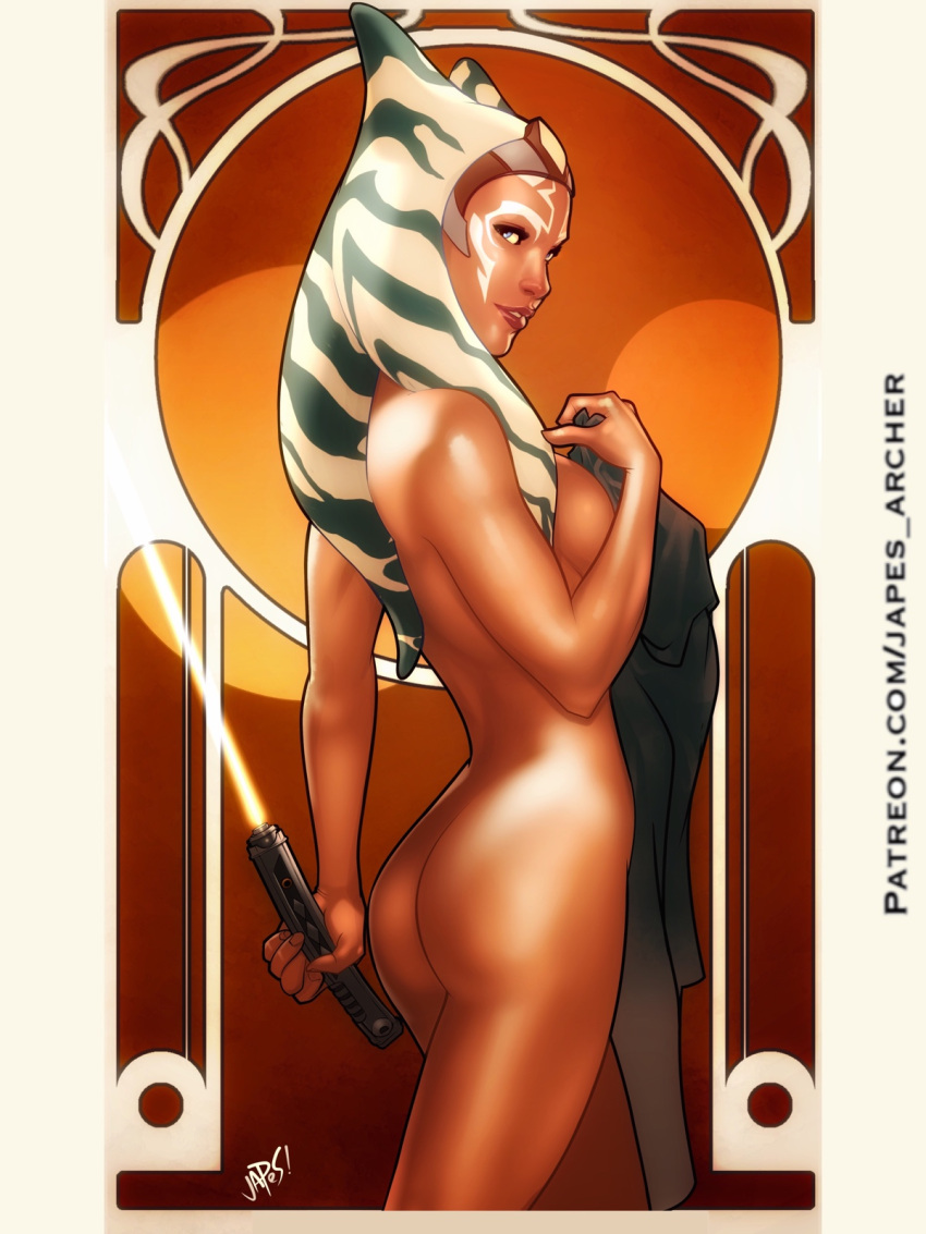 2021 3:4 abstract_background ahsoka_tano alien alien_humanoid art_nouveau blue_eyes breasts butt clothing covering covering_breasts eyelashes facial_markings female glistening glistening_body glistening_skin head_markings hi_res holding_clothing holding_object holding_weapon humanoid japes lekku_(anatomy) lightsaber looking_at_viewer markings melee_weapon not_furry nude orange_body orange_skin robe side_view signature solo star_wars togruta weapon