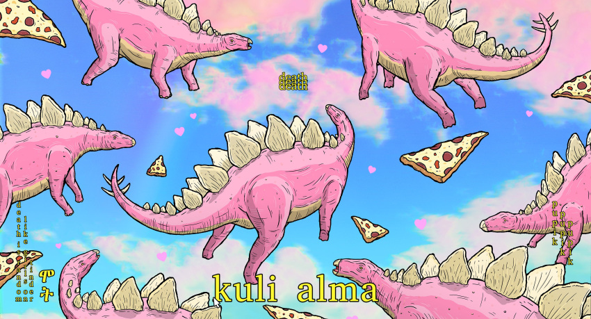 &lt;3 abstract absurd_res ambiguous_gender back_plates cloud death dinosaur english_text feral floating food hi_res meme ornithischian pepperoni pepperoni_pizza pink_body pink_scales pink_skin pizza pizza_slice psychedelic pupik reptile scales scalie sky spiked_tail spikes spikes_(anatomy) stegosaurian stegosaurus text thyreophoran unknown_language weirdcore yellow_eyes yellow_text