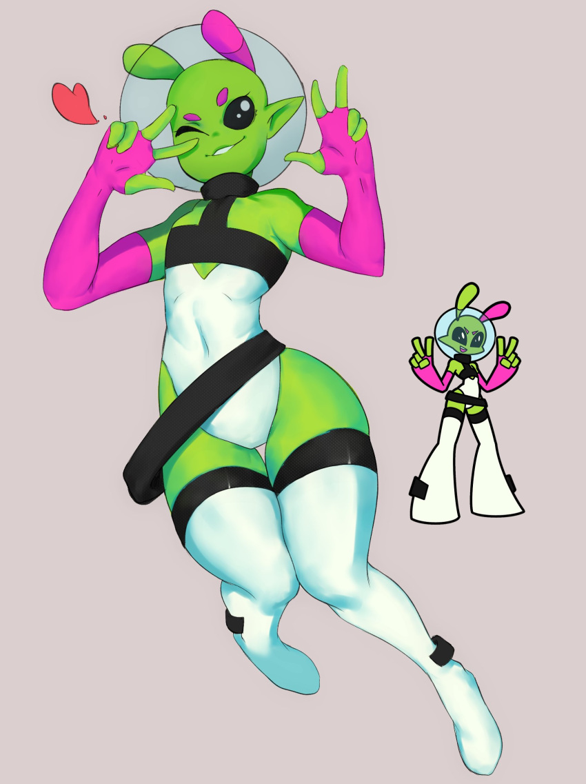 &lt;3 alien ambiguous_gender antennae_(anatomy) armwear black_eyes clothing elbow_gloves eyebrows gesture gloves green_body green_skin handwear hi_res humanoid legwear nonbinary_(lore) one_eye_closed otgkira pink_eyebrows smile solo sploot_(unknownspy) thigh_highs unknownspy v_sign wide_hips wink