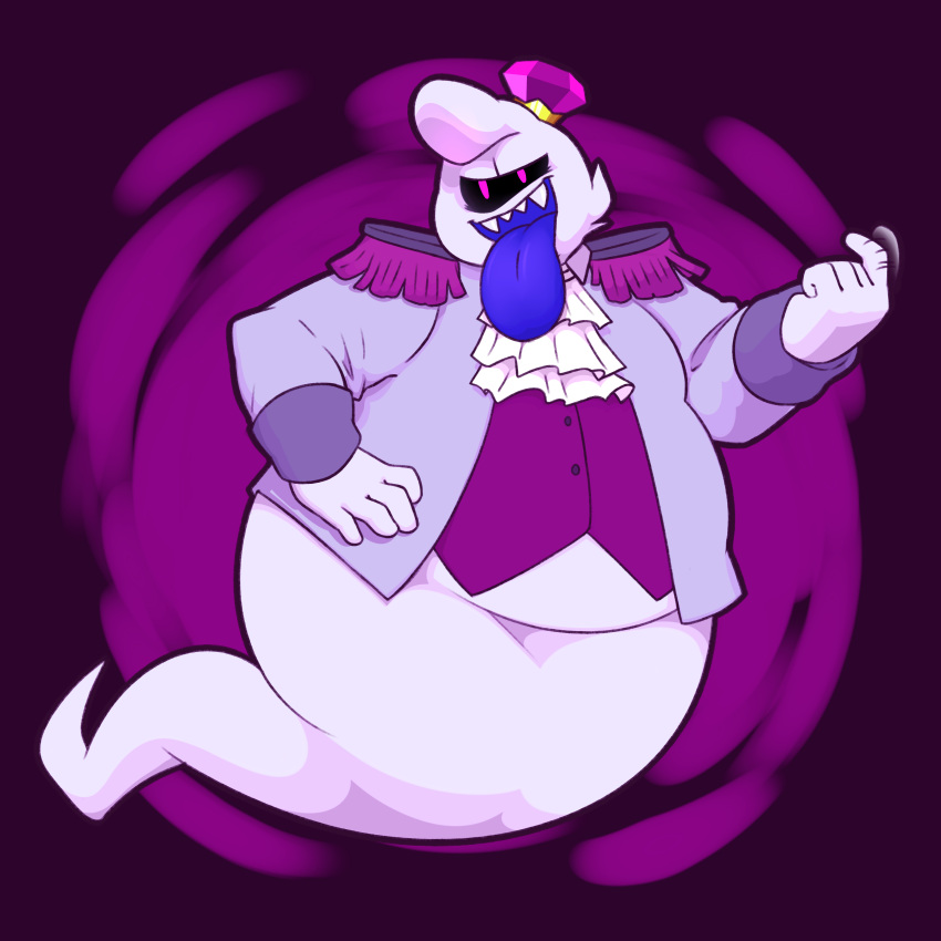 1:1 absurd_res ambiguous_gender anthro arachnymph beckoning clothing crown fangs gesture ghost hand_on_hip head_tuft hi_res king_boo looking_at_viewer luigi's_mansion mario_bros nintendo purple_background purple_clothing purple_shirt purple_topwear shirt shoulder_pads simple_background solo spirit suit teeth tongue tongue_out topwear tuft video_games