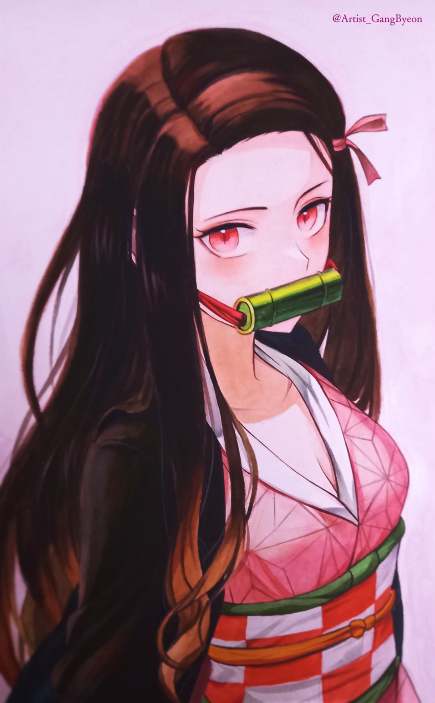 1girl bit_gag black_hair breasts brown_hair cleavage collarbone gag gangbyeon gradient_hair hair_ribbon highres japanese_clothes kamado_nezuko kimetsu_no_yaiba kimono long_hair looking_at_viewer medium_breasts multicolored_hair obi pink_kimono pink_ribbon red_eyes ribbon sash shiny shiny_hair slit_pupils solo standing twitter_username very_long_hair