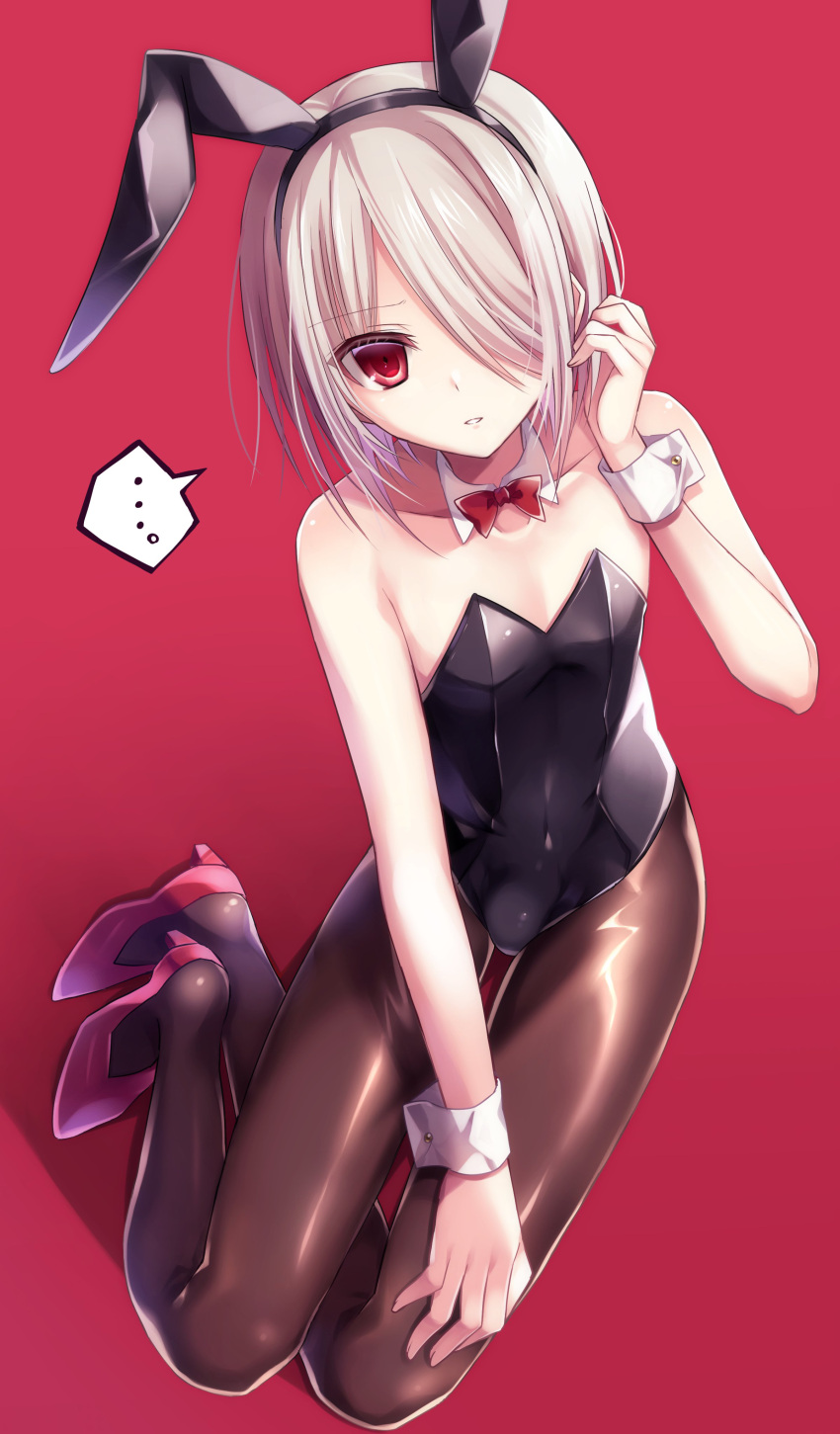 ... 1boy absurdres animal_ears black_legwear black_leotard bow bowtie bulge bunny_ears commentary_request crossdressing detached_collar fujikawa_(honomayu) hair_over_one_eye highres leotard looking_at_viewer male_focus original otoko_no_ko pantyhose parted_lips playboy_bunny red_background red_eyes red_neckwear red_shirt shirt short_hair silver_hair simple_background sitting solo spoken_ellipsis strapless strapless_leotard wrist_cuffs yokozuwari