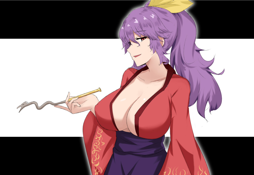 1girl absurdres bangs breasts cleavage collarbone commentary_request eyebrows_visible_through_hair hair_between_eyes hair_ribbon hand_up highres holding holding_pipe kiseru komakusa_sannyo large_breasts letterboxed long_hair long_sleeves looking_at_viewer outline parted_lips pink_eyes pipe ponytail profile purple_hair red_robe ribbon simple_background smile solo touhou upper_body white_background white_outline wide_sleeves wuwusan yellow_ribbon