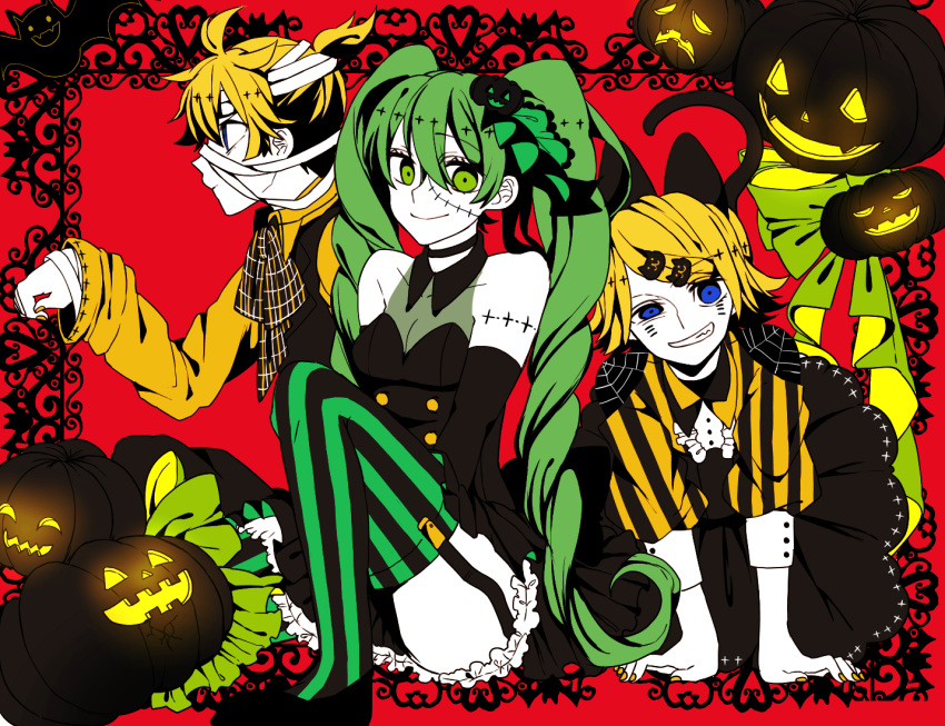 1boy 2girls animal_ears bandages bangs bat black_skirt blonde_hair blue_eyes border cat_ears cat_tail detached_sleeves eiku food_themed_hair_ornament frilled_skirt frills green_eyes green_hair green_legwear hair_between_eyes hair_ornament halloween halter_top halterneck hatsune_miku jack-o'-lantern kagamine_len kagamine_rin long_sleeves multiple_girls nail_polish neckerchief parted_lips pink_nails plaid_neckwear pleated_skirt pumpkin_hair_ornament shirt skirt sleeveless sleeveless_shirt sleeves_past_elbows smile stitched_face stitches striped striped_legwear tail vertical-striped_legwear vertical_stripes vocaloid yellow_shirt