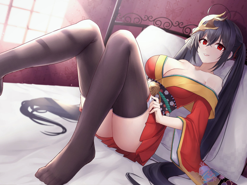 1girl ahoge azur_lane bangs bare_shoulders black_hair breasts brown_legwear cleavage crossed_bangs highres japanese_clothes jyu-so kimono legs long_hair looking_at_viewer mask mask_on_head no_shoes off-shoulder_kimono on_bed pillow red_eyes red_kimono solo taihou_(azur_lane) thighhighs twintails very_long_hair window