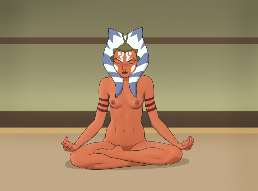 5_fingers 5_toes ahsoka_tano alien alien_humanoid anaxus areola arm_markings breasts clone_wars eyes_closed facial_markings feet female fingers head_markings hi_res humanoid lekku_(anatomy) markings meditation navel nipples nude orange_body solo star_wars toes togruta