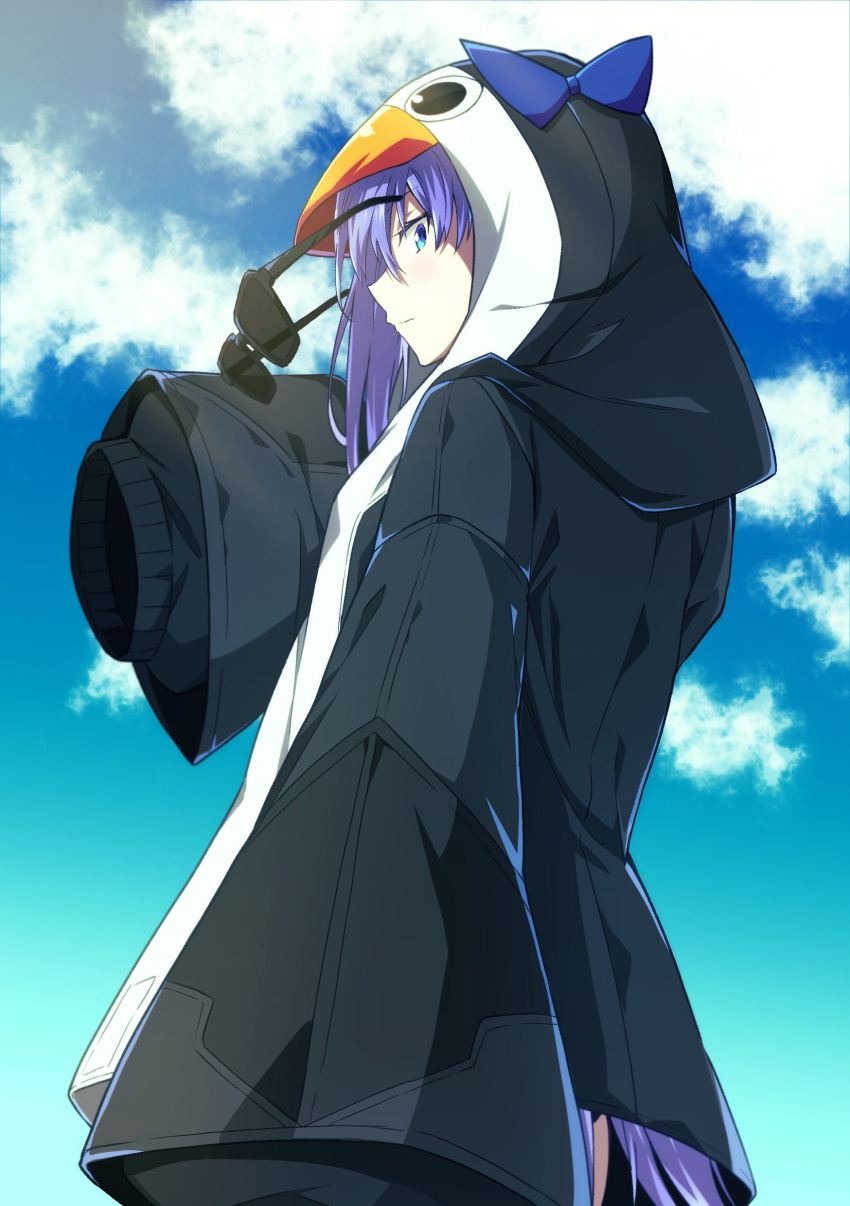 1girl absurdres animal_hood azami_masurao black_jacket blue_bow blue_eyes blue_sky bow closed_mouth cloud commentary_request day eyebrows_visible_through_hair eyewear_removed fate/grand_order fate_(series) from_side highres holding holding_eyewear hood hood_up hooded_jacket jacket long_hair long_sleeves looking_at_viewer meltryllis_(fate) meltryllis_(swimsuit_lancer)_(fate) penguin_hood purple_hair removing_eyewear sky sleeves_past_fingers sleeves_past_wrists solo sunglasses very_long_hair