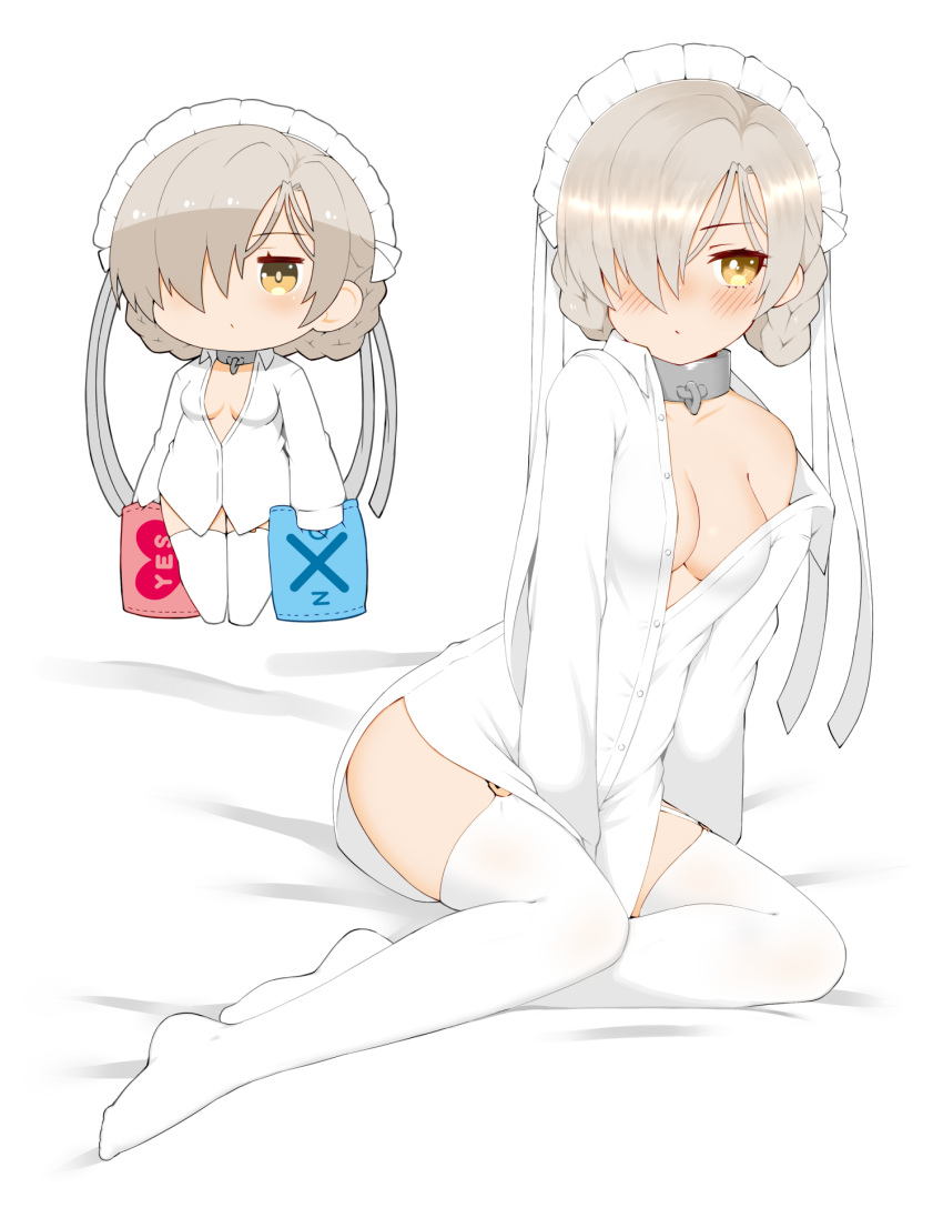 1girl azur_lane bangs blush braid breasts cap105 chain chibi chibi_inset cleavage closed_mouth collar collarbone collared_shirt commentary_request eyebrows_visible_through_hair french_braid full_body hair_between_eyes hair_over_one_eye highres holding holding_pillow long_sleeves looking_at_viewer maid_headdress medium_breasts metal_collar no off_shoulder partially_unbuttoned pillow sheffield_(azur_lane) shirt short_hair sidelocks silver_hair simple_background single_bare_shoulder sitting thighhighs white_background white_legwear white_shirt yellow_eyes yes yes-no_pillow yokozuwari