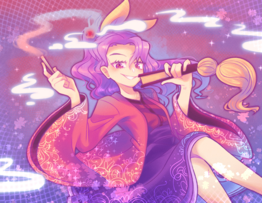 1girl bow fan hair_bow highres japanese_clothes kimono komakusa_sannyo long_hair long_sleeves looking_at_viewer ponytail purple_eyes purple_hair smirk smoke smoking touhou unconnected_marketeers wide_sleeves yatsunote yellow_bow