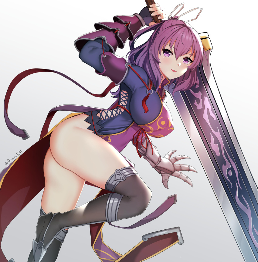 1girl absurdres ass bare_hips boots breasts chinese_clothes covered_nipples eiyuu_densetsu gauntlets highres large_breasts medium_hair nassss open_mouth pelvic_curtain purple_eyes purple_hair rixia_mao signature slit sword thigh_boots thighhighs weapon