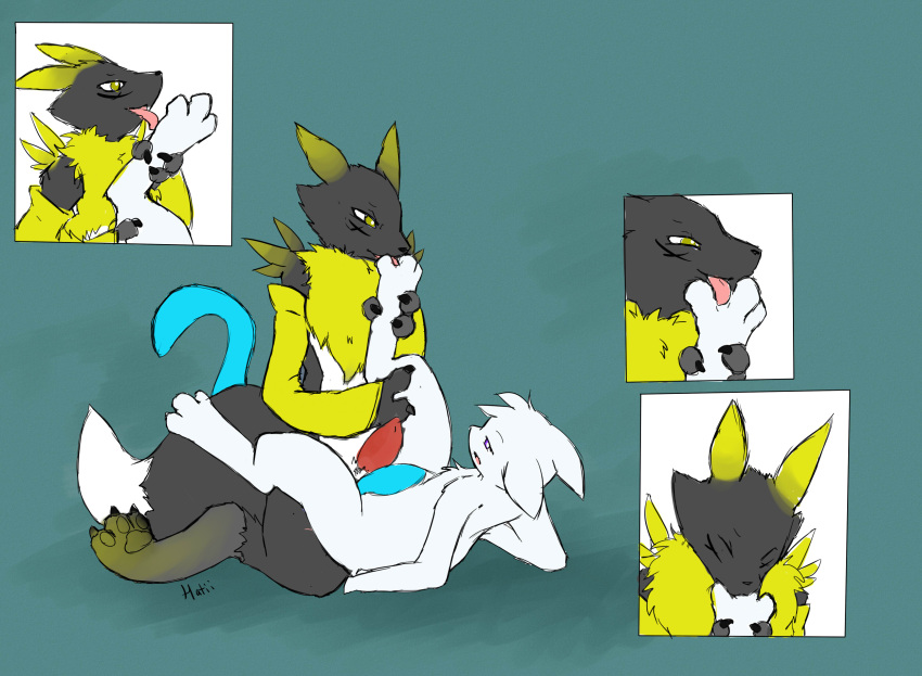 anthro colored digimon digimon_(species) digital_media_(artwork) duo feet female foot_fetish foot_lick foot_play from_front_position genitals hatiimiga hi_res licking lunamew lying male male/female missionary_position on_back penis renamon sex tongue tongue_out