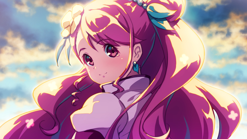 1girl backlighting bangs blurry blurry_background cloud cure_grace day earrings eyebrows_visible_through_hair floating_hair from_behind hair_between_eyes healin'_good_precure highres jewelry long_hair looking_at_viewer looking_back pink_hair portrait precure red_eyes sayousuke shiny shiny_hair solo