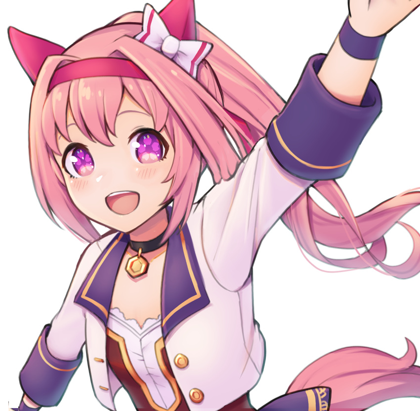 1girl :d animal_ears arm_up bow choker hair_bow hair_intakes haru_urara_(umamusume) headband highres horse_ears jacket kinakonato open_mouth pink_hair ponytail purple_eyes red_headband simple_background smile solo umamusume upper_body white_background white_bow white_jacket wristband