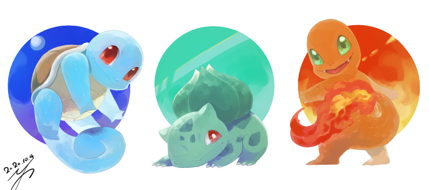 bright_pupils bulbasaur charmander closed_mouth commentary_request dated fangs fire gen_1_pokemon green_eyes highres looking_at_viewer no_humans open_mouth pokemon pokemon_(creature) red_eyes signature smile squirtle starter_pokemon_trio yu_ikedon